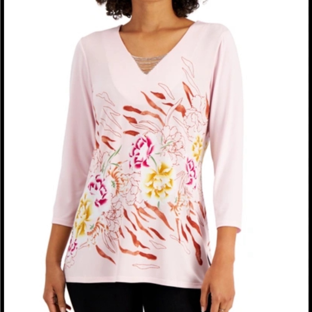 JM Collection Womens Pink Floral 3/4 Sleeve Top Size 3X
